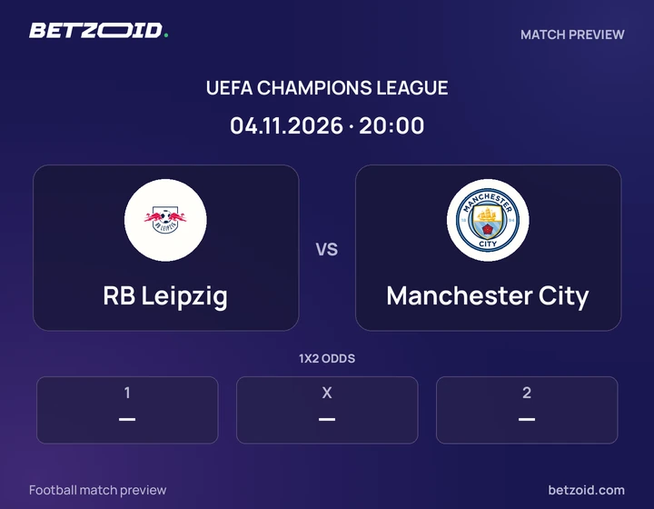 RB Leipzig vs Manchester City: UEFA Champions League match preview with team badges and kick-off details.