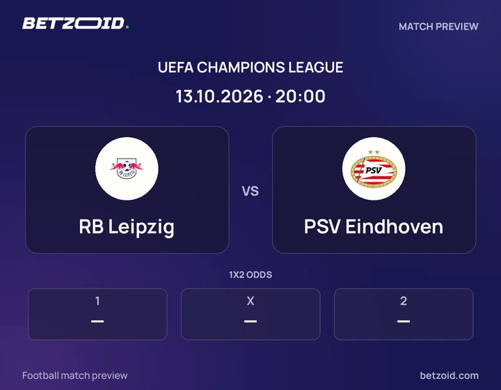 RB Leipzig vs PSV Eindhoven: UEFA Champions League match preview with team badges and kick-off details.