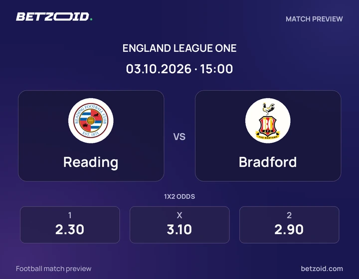 Reading - Bradford Reading vs Bradford: England League One match preview with team badges and kick-off details.