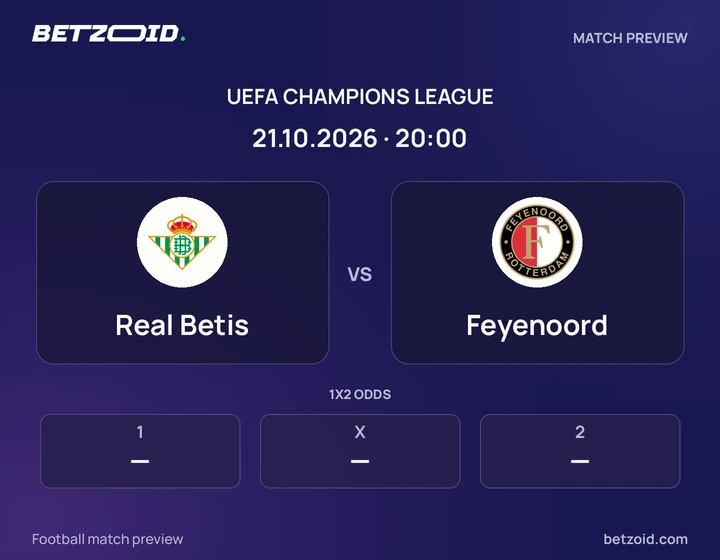 Real Betis vs Feyenoord: UEFA Champions League match preview with team badges and kick-off details.