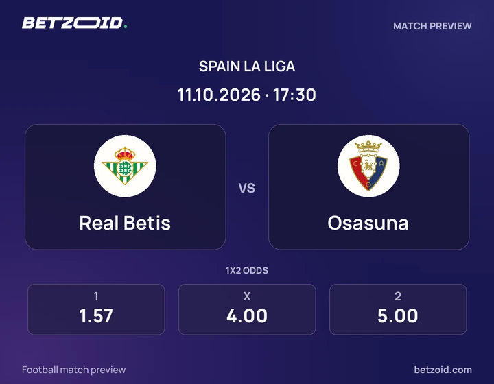 Real Betis - Osasuna Real Betis vs Osasuna: Spain La Liga match preview with team badges and kick-off details.