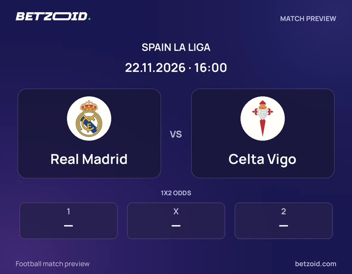 Real Madrid vs Celta Vigo: Spain La Liga match preview with team badges and kick-off details.