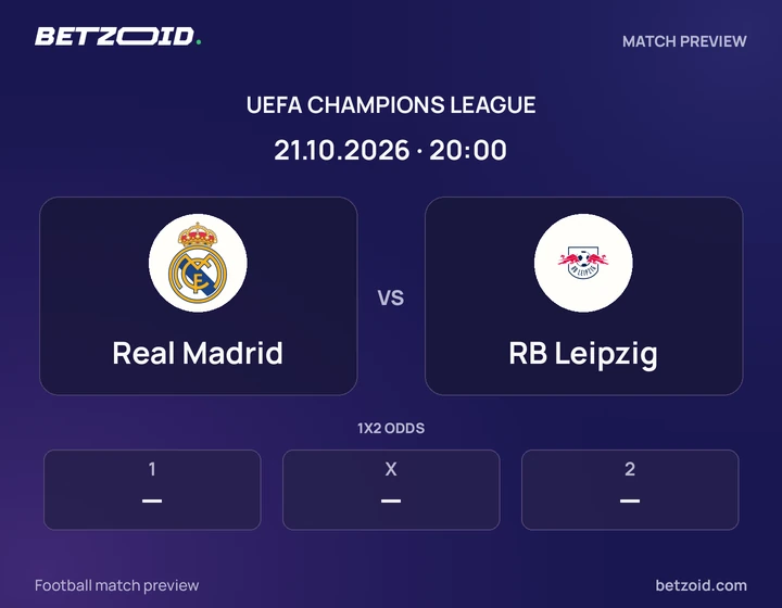 Real Madrid vs RB Leipzig: UEFA Champions League match preview with team badges and kick-off details.