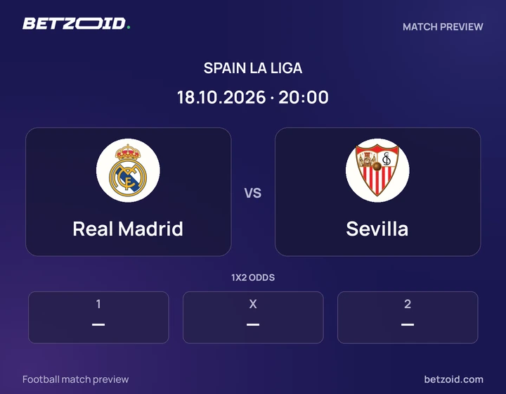 Real Madrid vs Sevilla: Spain La Liga match preview with team badges and kick-off details.