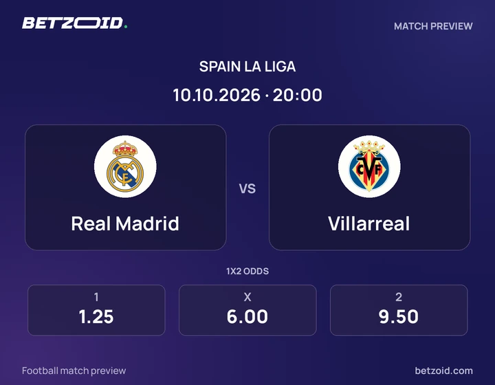 Real Madrid vs Villarreal: Spain La Liga match preview with team badges and kick-off details.