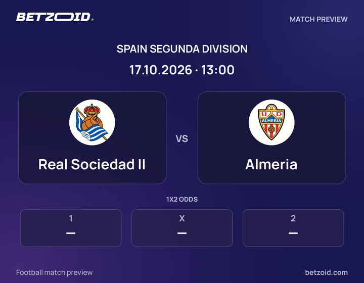 Real Sociedad II vs Almeria: Spain Segunda Division match preview with team badges and kick-off details.