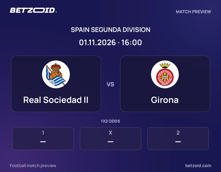 Real Sociedad II vs Girona: Spain Segunda Division match preview with team badges and kick-off details.