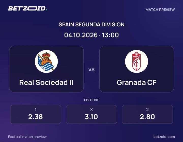 Real Sociedad II - Granada CF Real Sociedad II vs Granada CF: Spain Segunda Division match preview with team badges and kick-off details.