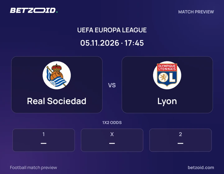 Real Sociedad vs Lyon: UEFA Europa League match preview with team badges and kick-off details.