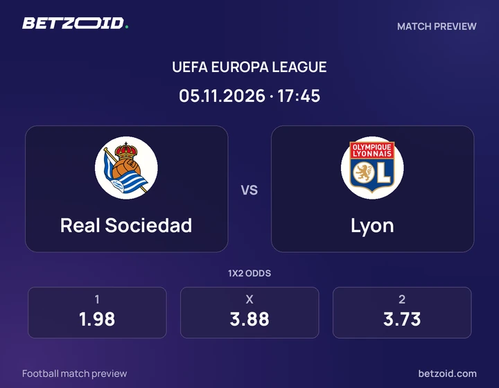 Real Sociedad – Lyon Real Sociedad – Lyon : présentation du match de Ligue Europa avec les logos des équipes et l’horaire du coup d’envoi.