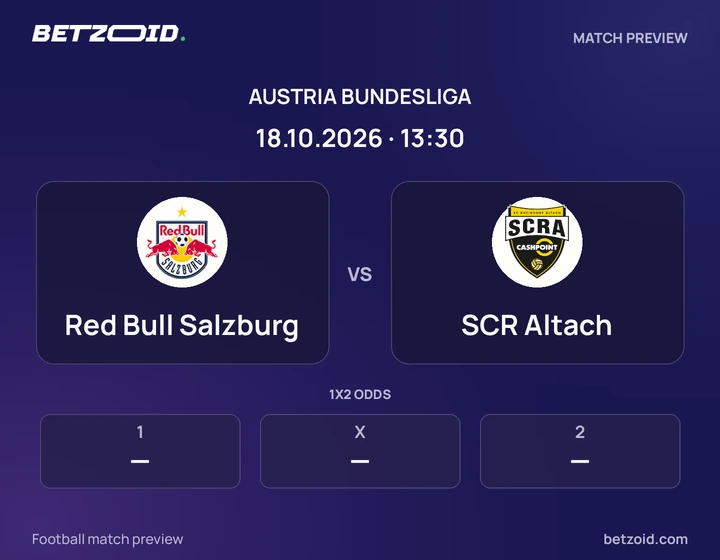 Red Bull Salzburg vs SCR Altach: Austria Bundesliga match preview with team badges and kick-off details.