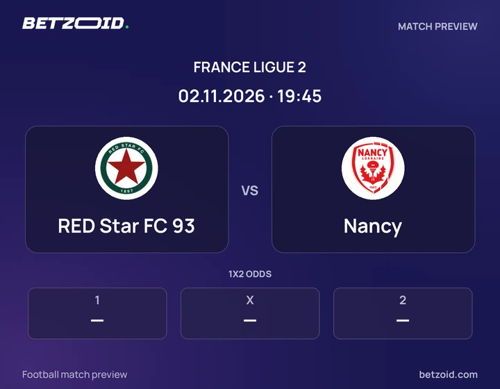 RED Star FC 93 vs Nancy: France Ligue 2 match preview with team badges and kick-off details.