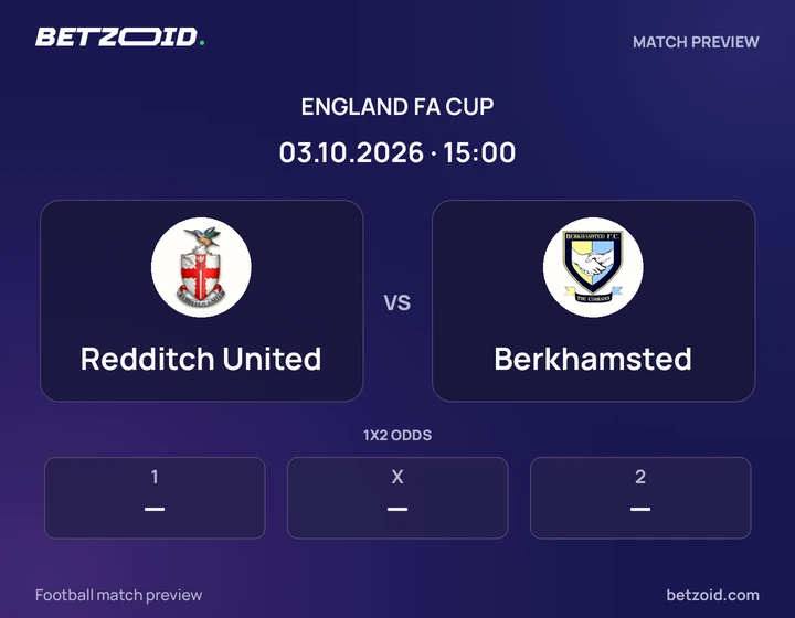 Redditch United vs Berkhamsted: England FA Cup match preview with team badges and kick-off details.
