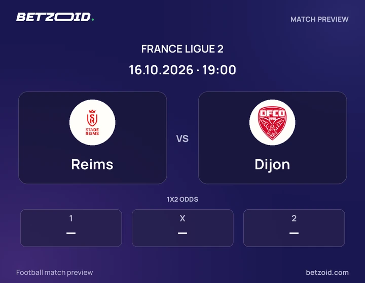Reims vs Dijon: France Ligue 2 match preview with team badges and kick-off details.