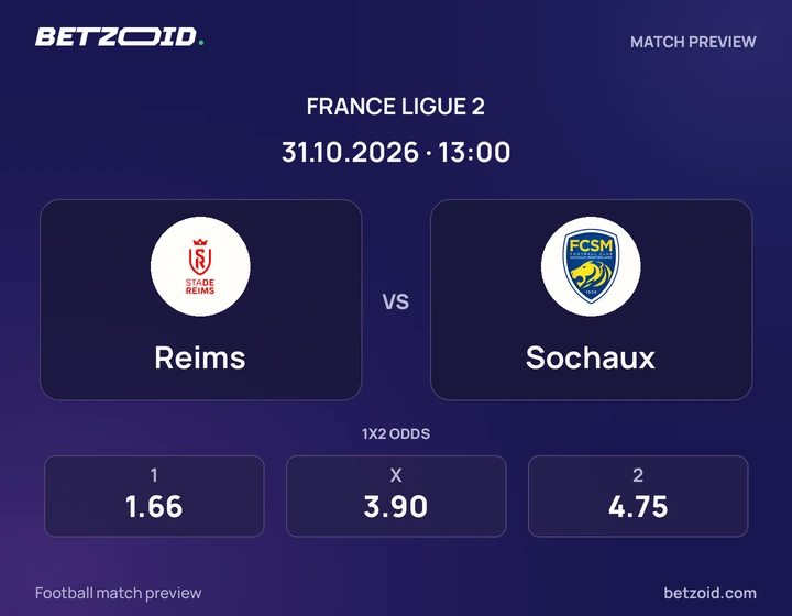 Reims - Sochaux Reims vs Sochaux: France Ligue 2 match preview with team badges and kick-off details.