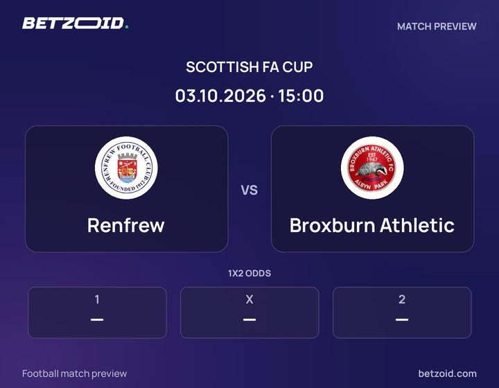 Renfrew vs Broxburn Athletic: Scottish FA Cup match preview with team badges and kick-off details.