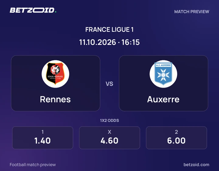 Rennes vs Auxerre: France Ligue 1 match preview with team badges and kick-off details.