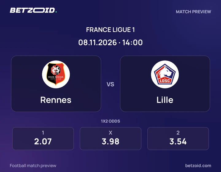 Rennes – Lille : présentation du match de Ligue 1 avec les logos des équipes et l’horaire du coup d’envoi.