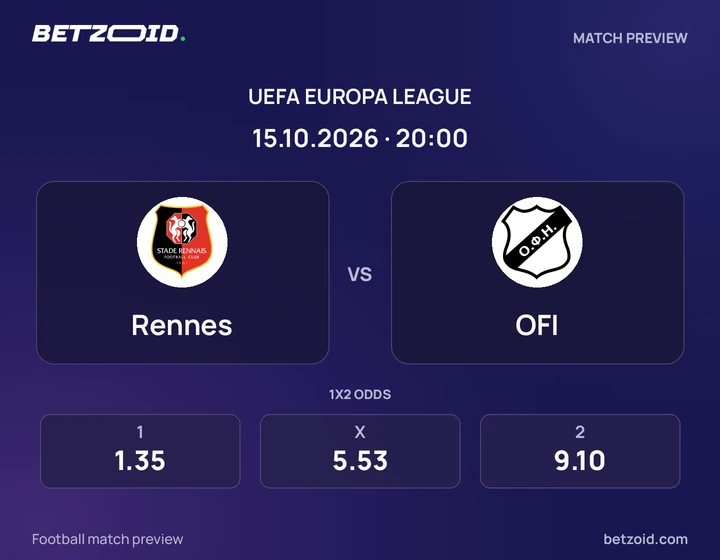 Rennes – OFI Rennes – OFI : présentation du match de Ligue Europa avec les logos des équipes et l’horaire du coup d’envoi.