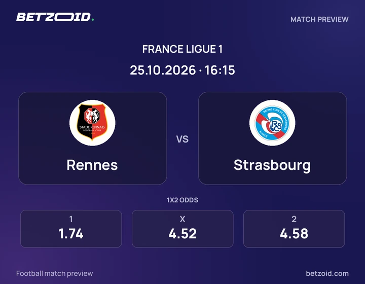 Rennes – Strasbourg Rennes – Strasbourg : présentation du match de Ligue 1 avec les logos des équipes et l’horaire du coup d’envoi.