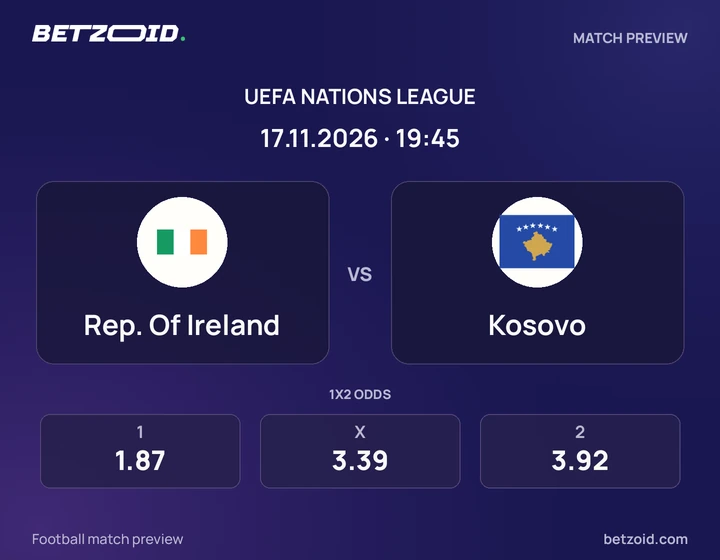 Rep. Of Ireland vs Kosovo: UEFA Nations League match preview with team badges and kick-off details.