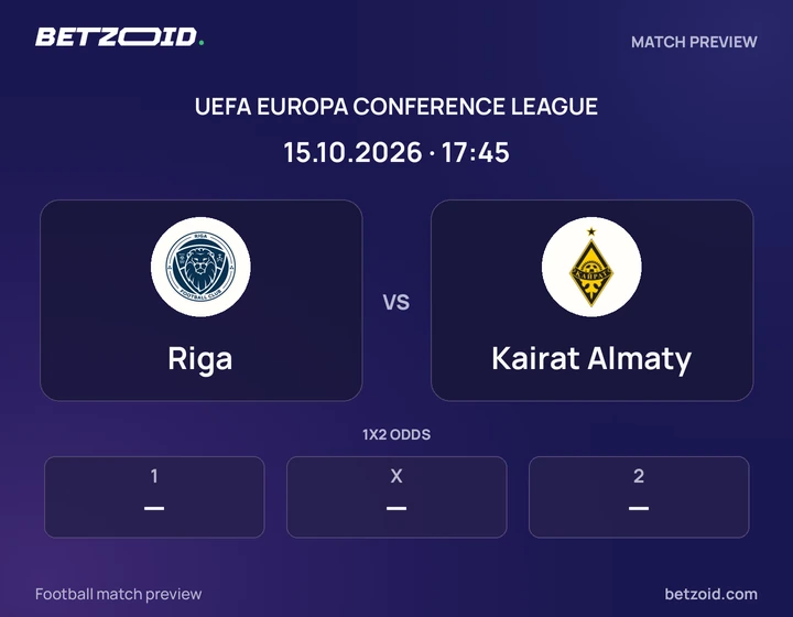 Riga vs Kairat Almaty: UEFA Europa Conference League match preview with team badges and kick-off details.