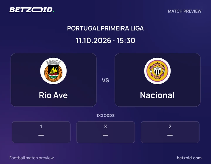 Rio Ave - Nacional Rio Ave vs Nacional: Portugal Primeira Liga match preview with team badges and kick-off details.