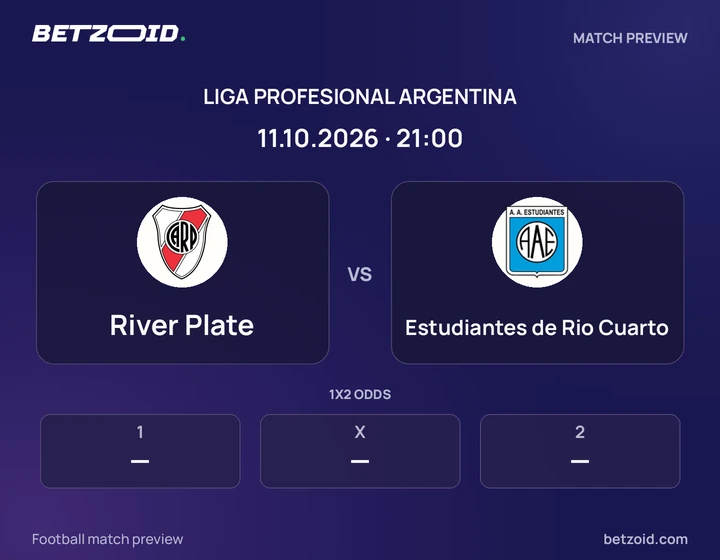River Plate vs Estudiantes de Rio Cuarto: Liga Profesional Argentina match preview with team badges and kick-off details.