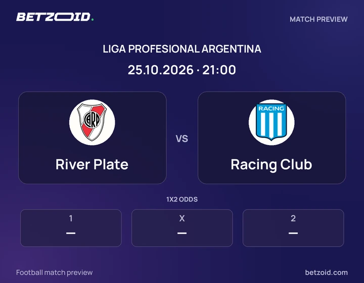 River Plate vs Racing Club: Liga Profesional Argentina match preview with team badges and kick-off details.