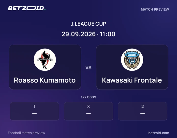 Roasso Kumamoto vs Kawasaki Frontale: J.League Cup match preview with team badges and kick-off details.