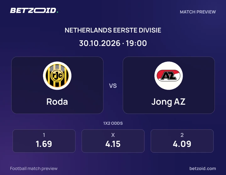 Roda - Jong AZ Roda vs Jong AZ: Netherlands Eerste Divisie match preview with team badges and kick-off details.