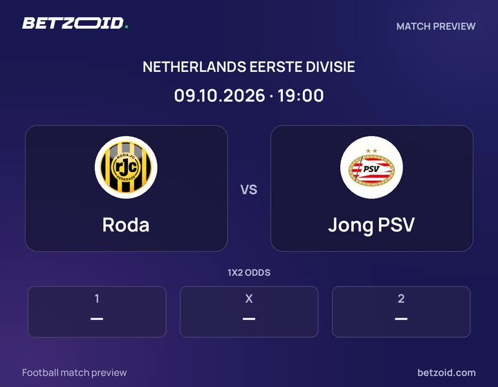 Roda - Jong PSV Roda vs Jong PSV: Netherlands Eerste Divisie match preview with team badges and kick-off details.
