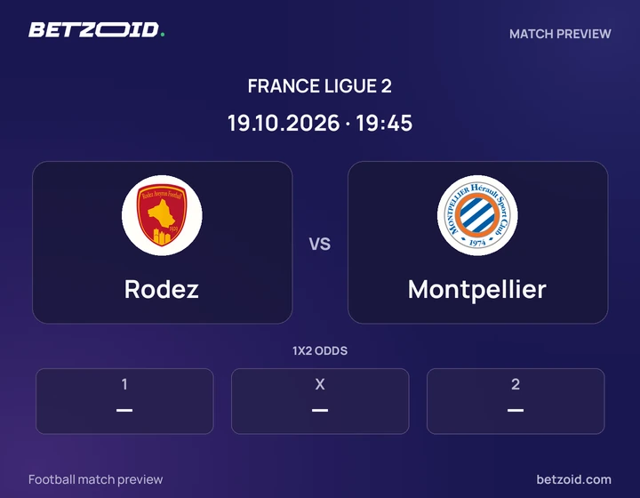 Rodez vs Montpellier: France Ligue 2 match preview with team badges and kick-off details.