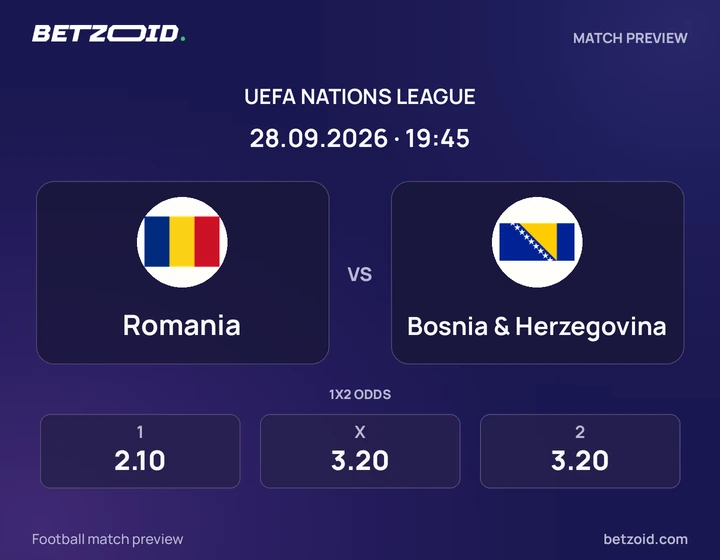 Romania - Bosnia & Herzegovina Romania vs Bosnia & Herzegovina: UEFA Nations League match preview with team badges and kick-off details.