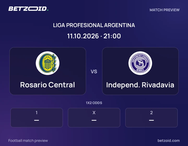 Rosario Central - Independ. Rivadavia Rosario Central vs Independ. Rivadavia: Liga Profesional Argentina match preview with team badges and kick-off details.