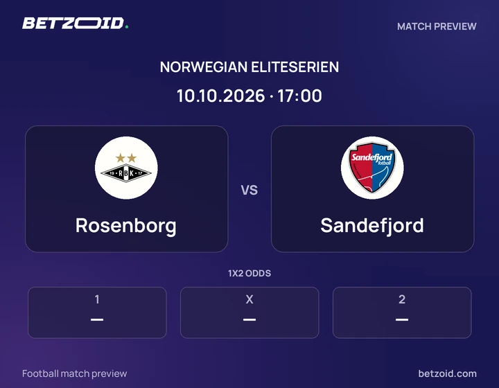 Rosenborg vs Sandefjord: Norwegian Eliteserien match preview with team badges and kick-off details.