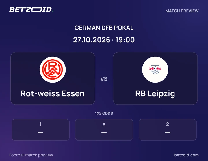 Rot-weiss Essen vs RB Leipzig: German DFB Pokal match preview with team badges and kick-off details.