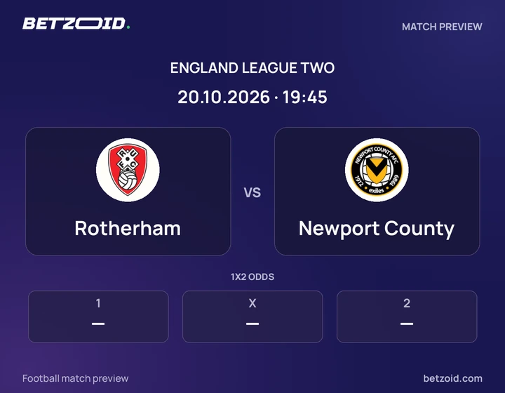 Rotherham vs Newport County: England League Two match preview with team badges and kick-off details.