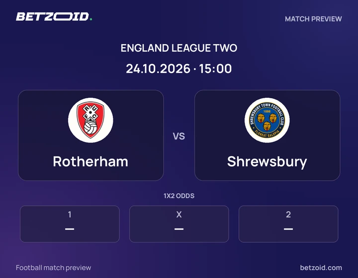 Rotherham vs Shrewsbury: England League Two match preview with team badges and kick-off details.