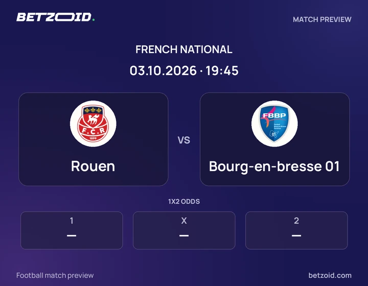 Rouen vs Bourg-en-bresse 01: French National match preview with team badges and kick-off details.