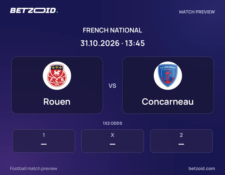 Rouen - Concarneau Rouen vs Concarneau: French National match preview with team badges and kick-off details.