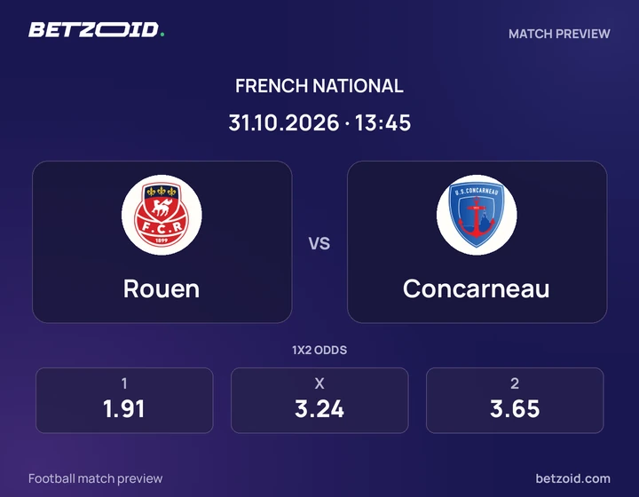 Rouen - Concarneau Rouen vs Concarneau: French National match preview with team badges and kick-off details.