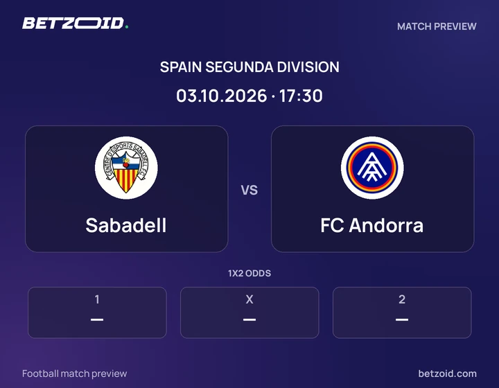 Sabadell - FC Andorra Sabadell vs FC Andorra: Spain Segunda Division match preview with team badges and kick-off details.