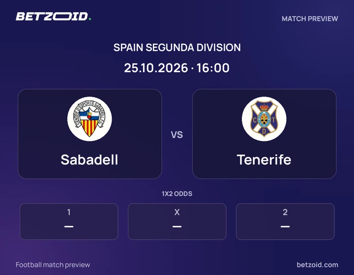 Sabadell vs Tenerife: Spain Segunda Division match preview with team badges and kick-off details.