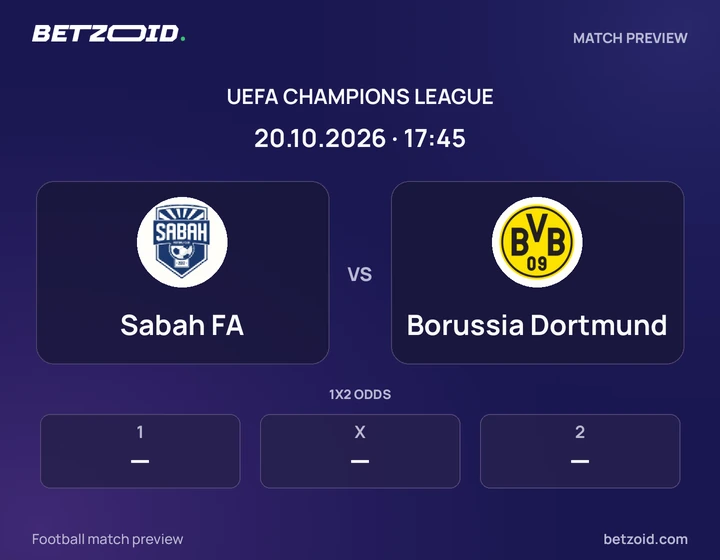 Sabah FA - Borussia Dortmund Sabah FA vs Borussia Dortmund: UEFA Champions League match preview with team badges and kick-off details.