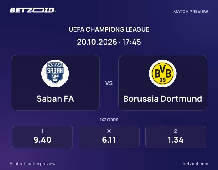 Sabah FA – Borussia Dortmund Sabah FA – Borussia Dortmund: Spielvorschau zum Wettbewerb Champions League mit Teamlogos und Anstoßzeit.