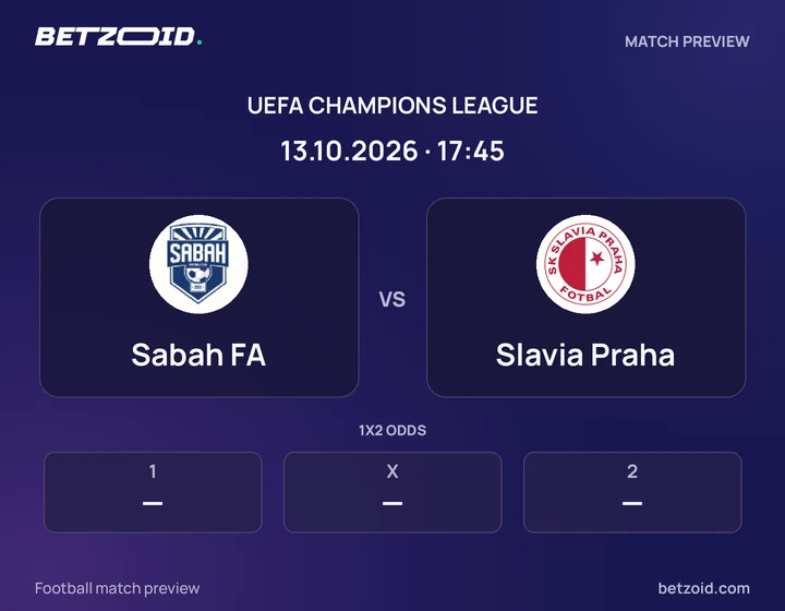 Sabah FA - Slavia Praha Sabah FA vs Slavia Praha: UEFA Champions League match preview with team badges and kick-off details.