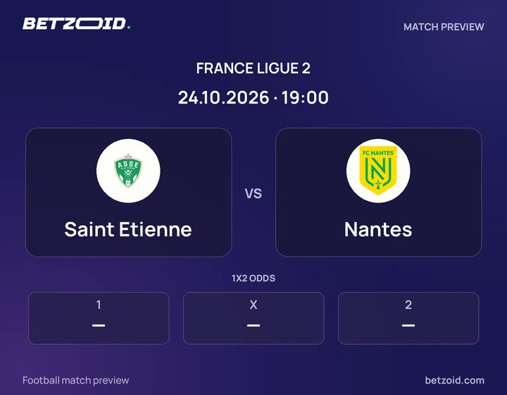 Saint Etienne vs Nantes: France Ligue 2 match preview with team badges and kick-off details.
