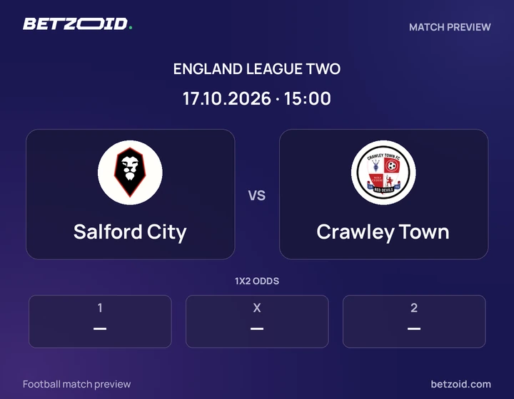 Salford City vs Crawley Town: England League Two match preview with team badges and kick-off details.