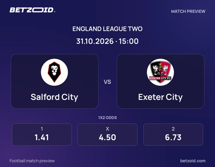 Salford City - Exeter City Salford City vs Exeter City: England League Two match preview with team badges and kick-off details.